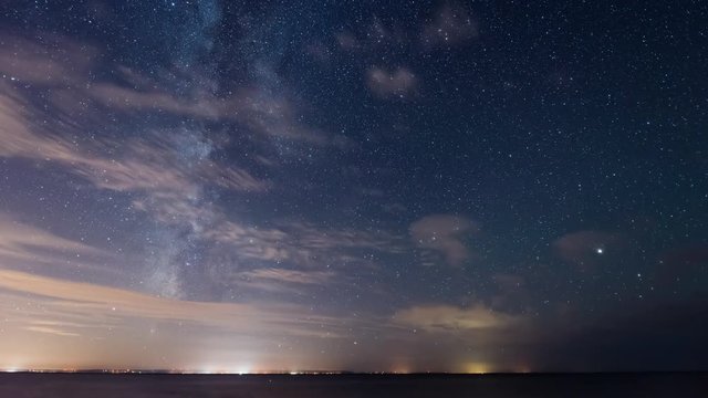 Astro Time Lapse Milky Way Shooting Stars and Clouds Over Bay