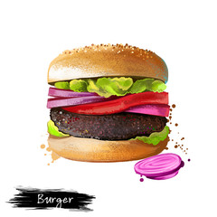Hamburger, beef burger with vegetables and onions isolated on white background. Street food, take-away, take-out. Fast food hand drawn digital illustration. Graphic clip art design for web, print