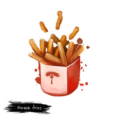 French fries in red paper bag packing isolated on white background. Fried potatoes, Street food, take-away, take-out. Fast food hand drawn digital illustration. Graphic clip art design for web, print
