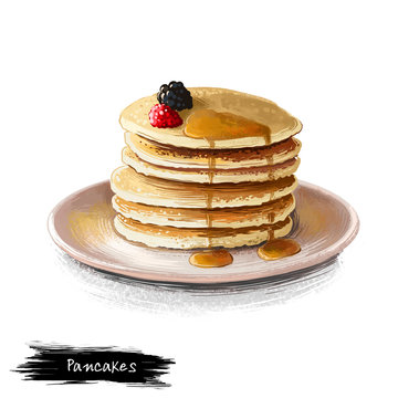 Pancakes with maple sirup and fresh berries isolated on white background. Flapjack Street food, take-away, take-out. Fast food hand drawn digital illustration. Graphic clip art design for web, print
