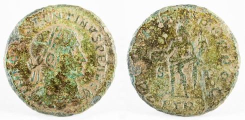 Ancient Roman copper coin of Emperor Constantine I Magnus.