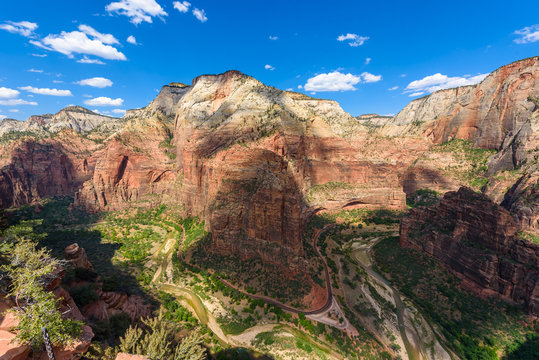 Wide angle panorama view of Zion Canyon, with the virgin river, Angels Landing Trail, Zion National Park, Utah, USA