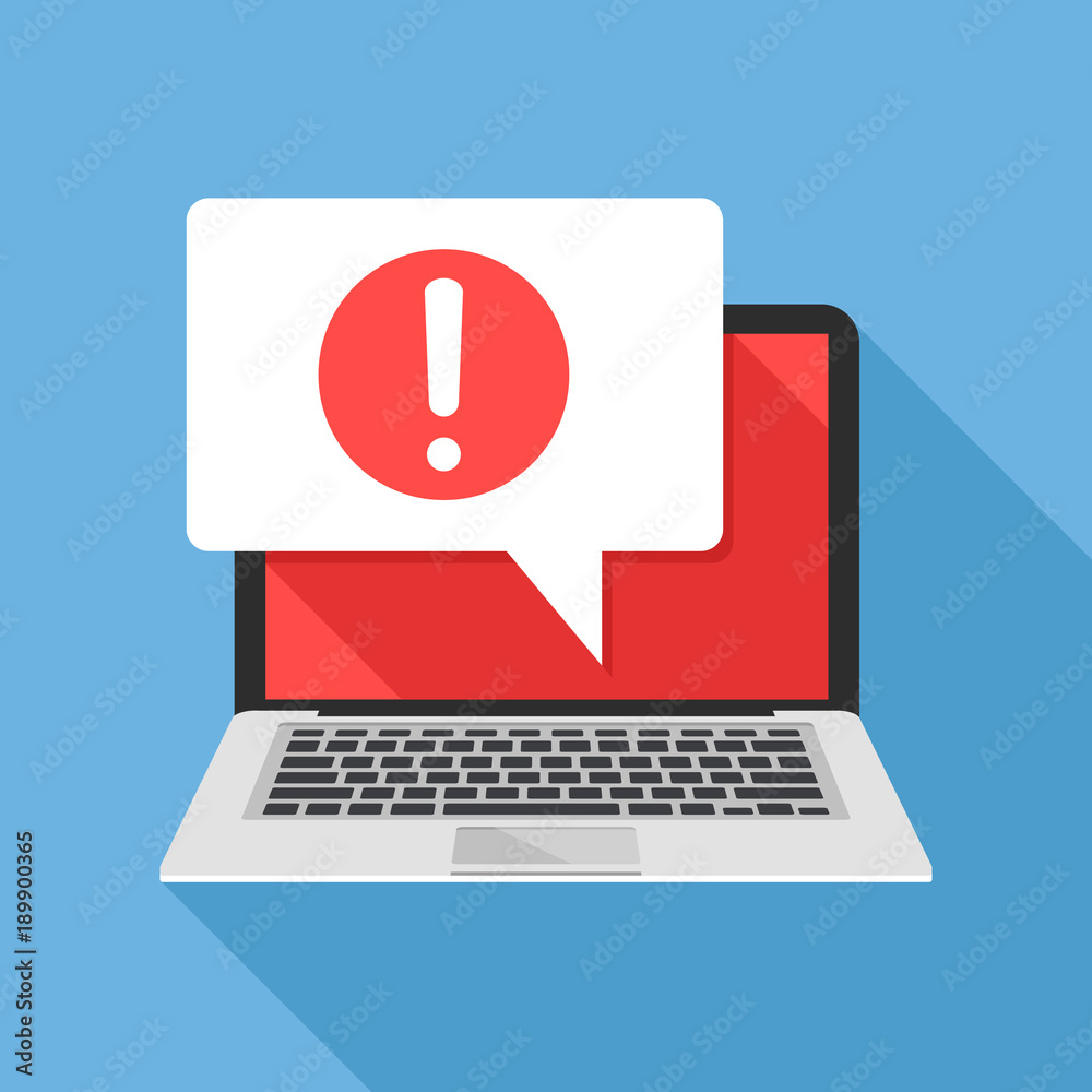 Fototapete notification. laptop and speech bubble with exclamation mark icon on screen. computer message, warni