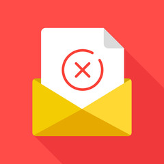 Opened envelope and document with red x mark line icon. Message wasn't sent, error,e-mail delivery failed, remove email, delete mail letter. Long shadow flat design. Vector illustration
