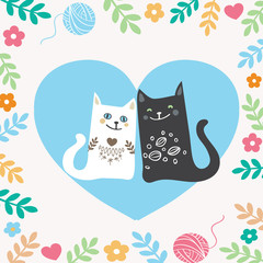 illustration draw character design couple love of cat in valentine day and word love
