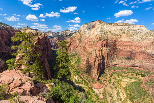 Wide angle panorama view of Zion Canyon, with the virgin river, Angels Landing Trail, Zion National Park, Utah, USA