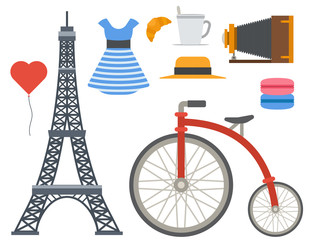 Paris icons vector famous travel cuisine traditional modern france culture europe eiffel fashion design architecture symbols illustration. © Vectorvstocker