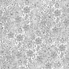 Beautiful decorative vector endless texture with handwritten curling lines, figured lacy shapes and flowers