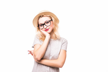 Young blonde woman wearing glasses with straw hat isolated against white background