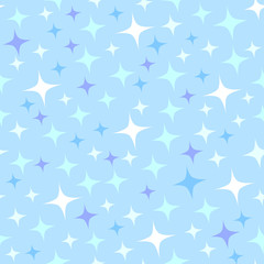 Seamless pattern with sparkles on blue background. Shine background. Cartoon style.