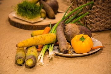 Vegetables served on the table, carrot, onion, beet and pepper