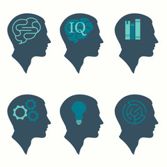 
vector illustration of  human profile head concept, with brain, bulb, book, labyrinth and gear icon
