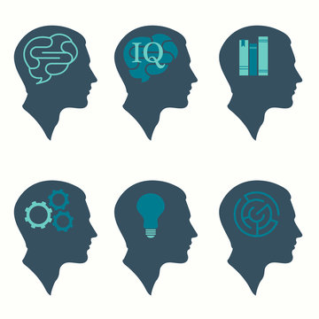 
vector illustration of  human profile head concept, with brain, bulb, book, labyrinth and gear icon