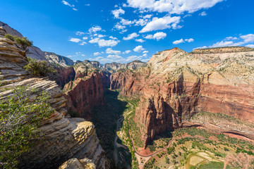 Wide angle panorama view of Zion Canyon, with the virgin river, Angels Landing Trail, Zion National Park, Utah, USA