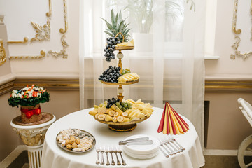 many different fruits on the wedding reception.