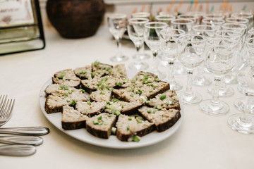 Misted decanter of vodka and traditional Ukrainian snack