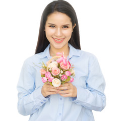 Beautiful asian woman with a flower basket isolated on white background.