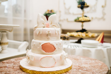 Big sweet multilevel wedding cake decorated with flowers. Concep