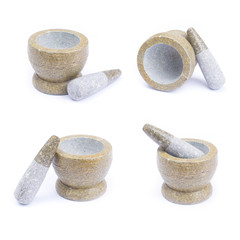 Set of small stone mortar and pestle isolated on white background