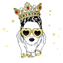 Beautiful girl in the crown and glasses with hearts. Valentine's Day, love and friendship. Illustration for a postcard or a poster.