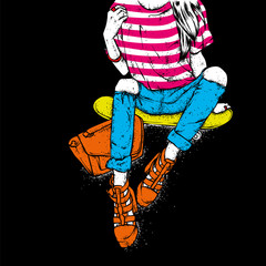 A stylish girl in high-heeled shoes, jeans and a fashion bag sits on a skateboard. Vector illustration. Fashion, style, clothing and accessories.