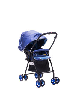 Blue pushchair isolated on white background