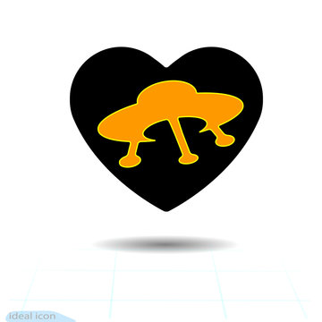 Heart vector black icon, Love symbol. UFO in heart. Valentines day sign, emblem, Flat style for graphic and web design, logo.