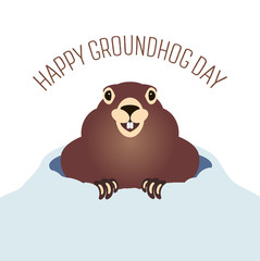 Happy groundhog day card. Holiday winter and spring banner rodent february woodchuck cute shadow, cartoon vector illustration, hole, fun. Character animal mammal.