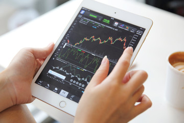 Woman hand business Trading online on tablet and coffee