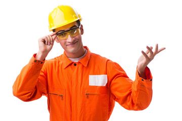 Construction worker wearing hard hat isolated on white