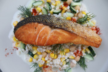 Baked salmon with bean Job's tears salad