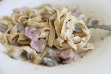 pasta fettuccine alfredo white sauce with ham bacon and mushroom