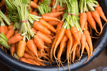 Group of fresh baby carrots in morning market.Thailand.