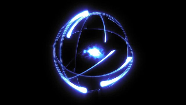 Bright stylised scientific atom animation loop blue