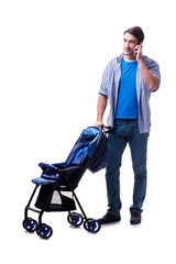 Young dad with baby pram isolated on white