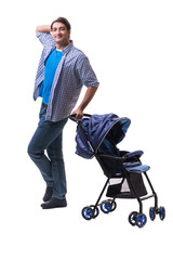 Young dad with child pram isolated on white