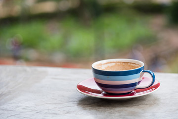Empty coffee cup of coffee espresso with plate in the garden.