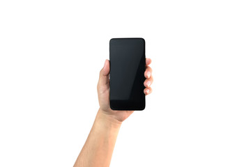 Hand holding black smartphone on isolated white background