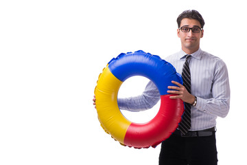 Young businessman with life buoy isolated on white background