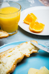 Breakfast table with various food. Selective focus.