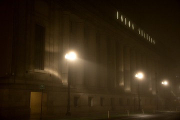 A foggy urban city night at Chicago's Union Station