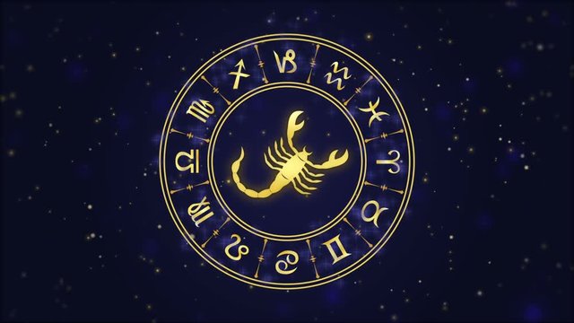 Zodiac sign Scorpio and horoscope wheel on the dark blue background