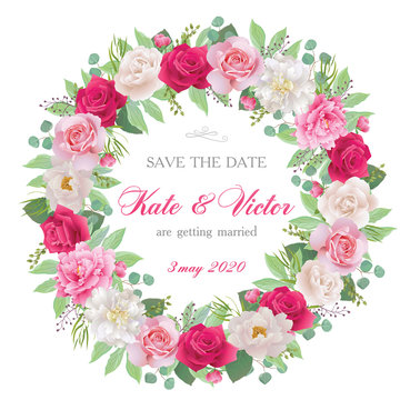 Vector wedding invitation with white, pink and red roses and pink, white peonies. Romantic tender floral design for wedding invitation, save the date, thank you card and other holidays. 
