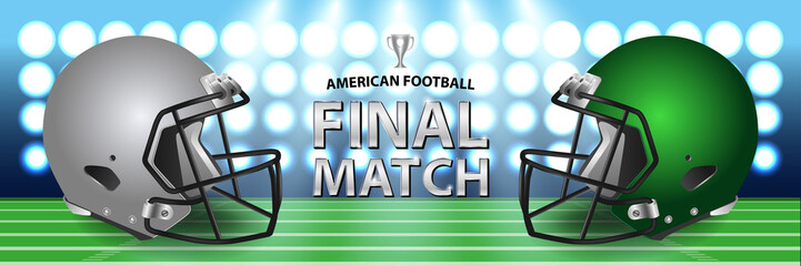 American football final match concept. Silver, green Helmets and football on field with spotlight background. Advertising template for banner, wallpaper, webpage or billboard.
