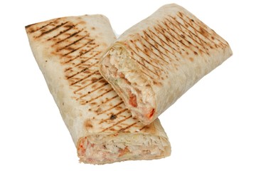 Fresh shawarma or tortilla wraps with chicken and fresh vegetables. cut-out on white background