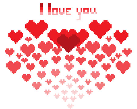 An illustration in the form of a pixelated hearts with the inscription I love you and smiley