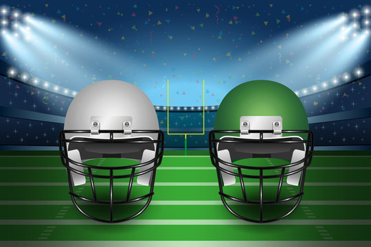 American football final match concept. Silver and green Helmets on field of stadium with spotlight background.