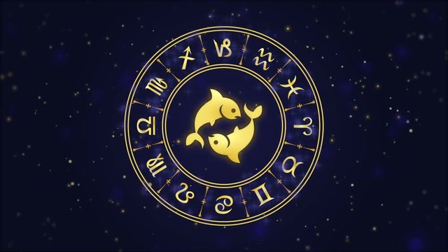 Zodiac sign Pisces and horoscope wheel on the dark blue background