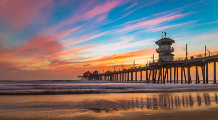 Sunset by the Huntington Beach Pier in California