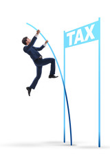 Businessman jumping over tax in tax evasion avoidance concept